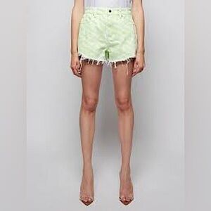 Alexander Wang All-over Logo Print Fray Edge Bite High Rise Green Denim Shorts